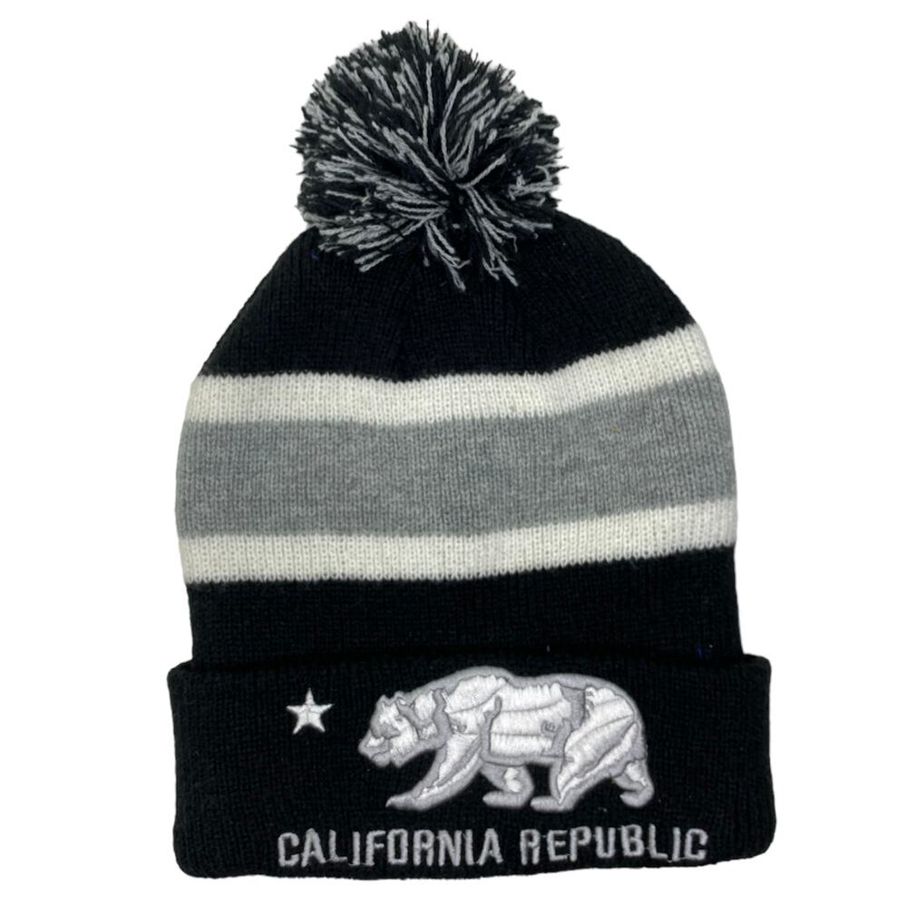 California Republic Beanie Pom Pom New W/Out Tags Gray and Black with CA Bear